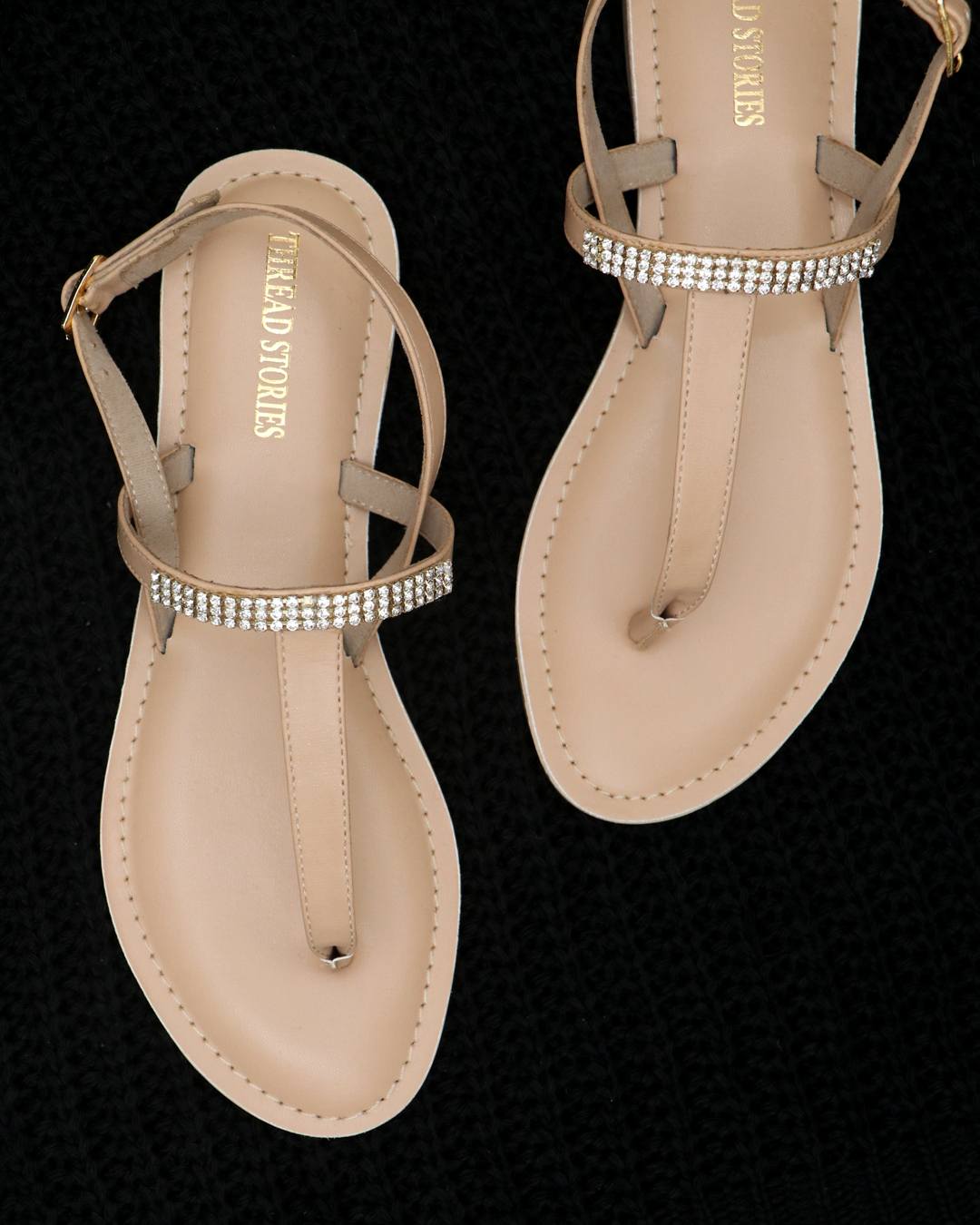 Rhinestone T-Strap Flats : Beige